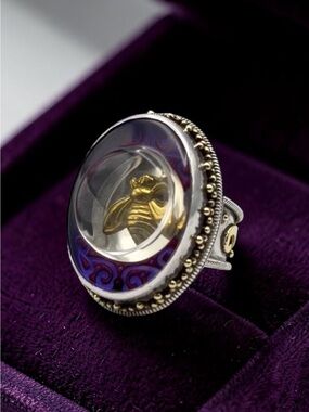 Mars & Valentine “Violet Honey” Bee Ring – Sterling Silver Purple Enamel, Size 8